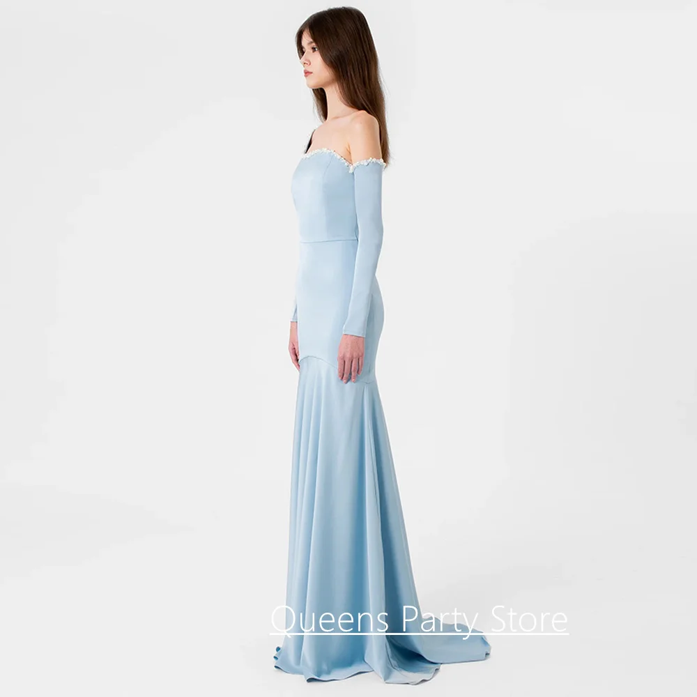 Modern Evening Dress Customized One Shoulder Long Sleeves Pearls Sweep Train Robe De Soiree Formal Party Gown Prom  Dresses