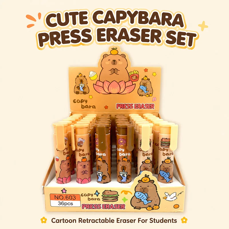 Cute Capybara Retractable Press Eraser Set 3pcs Kawaii Cartoon Eraser for Students School Office Stationery Supplies