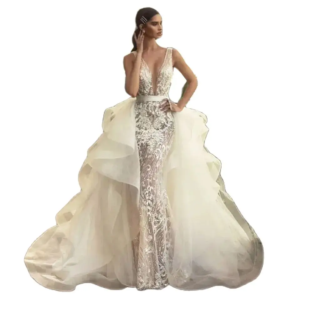 Vestidos de novia elegantes de sirena con tren desmontable, encaje 3D, hasta el suelo, sin mangas, cuello en V, personalizado, abiti da sposa