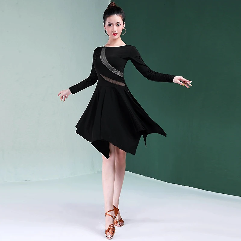 Dance Wear Plus Size Latin Dance Costume Dance Training Skirt Long Sleeve Performance Skirt Competition Sequined Dress for Women