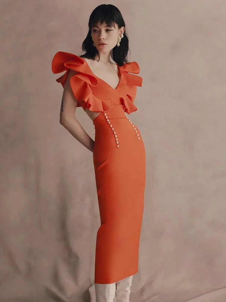 

Party Gowns Coral Layered V Neck Midi Bandage Dress Wrap Around Ruffles Hand-Embroidered With Natural Pearls Women Cocktail