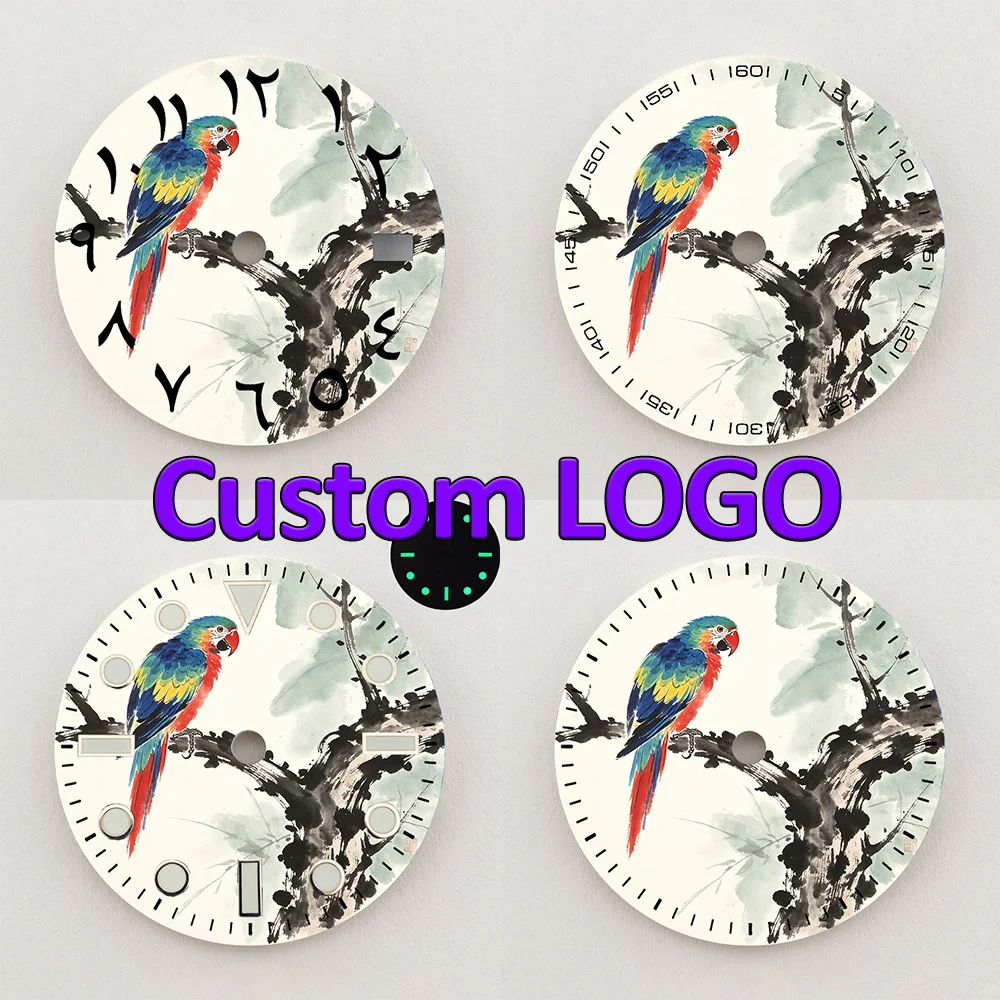 28.5mm NH35 Dial Oriental Ink Colorful Parrot On Branch Dial NH36 Dial Watch Accessories Fits NH35/NH36 Movement Custom Logo