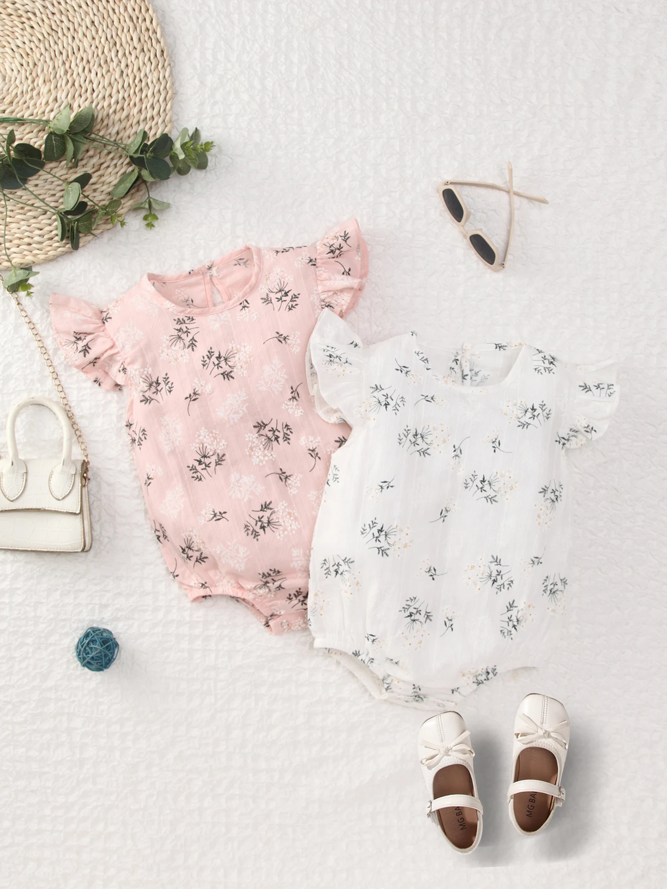 

Unisex Toddler Summer Romper Flutter Sleeves 100% Cotton Woven Linen Floral Newborn Baby Girls' Bodysuit Snap Button Cute