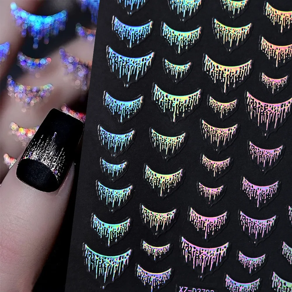 12Pcs High Flashy Fringe French Nail Stickers Glitter Bronzing Black/White/Pink/Rainbow Lines Laser Adhesive Nail Decals Sticker