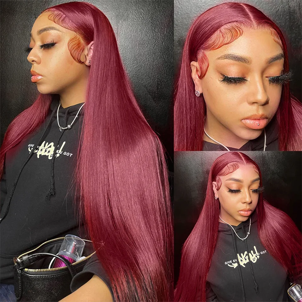 13x4 HD Lace Front Wig Human Hair Wigs 99J Red Burgundy Colored HD Transparent Pre Plucked Lace Frontal Wig Human Hair Straight