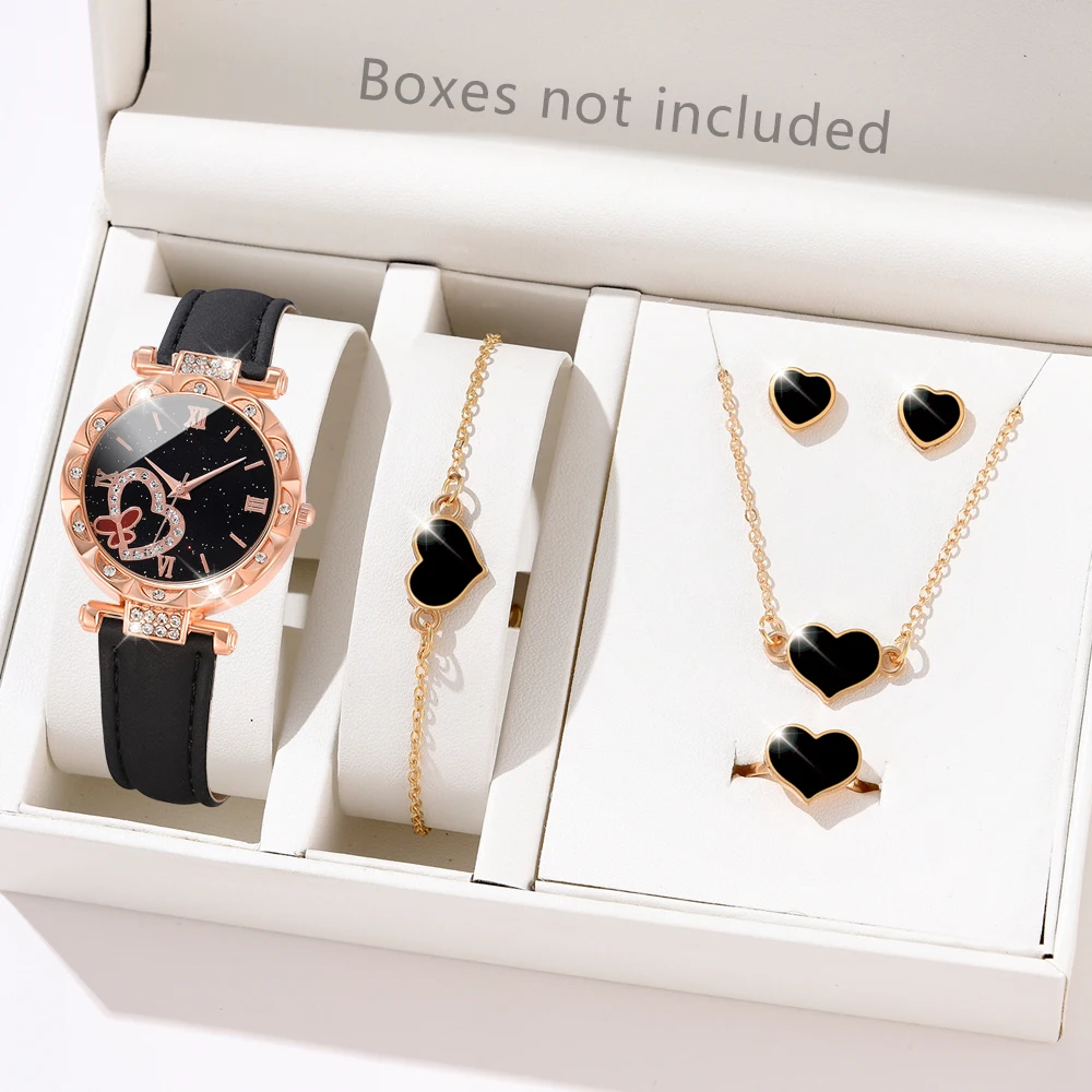 Simple Luxury Love Element Leather Black Strap Watch Casual Fashion Quartz Watch Is The Perfect Gift For Her (No Box)