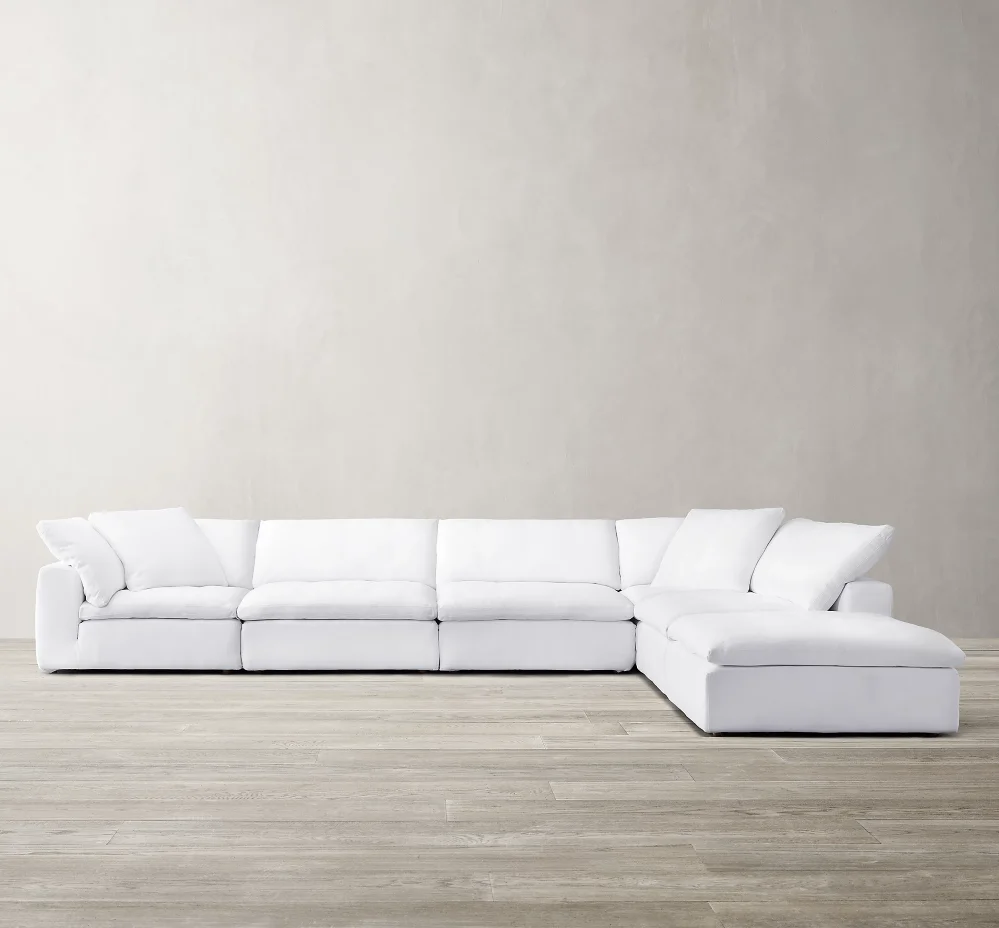 Living Room High Density White Linen Fabric Sectional Sofa White Sectional Couch