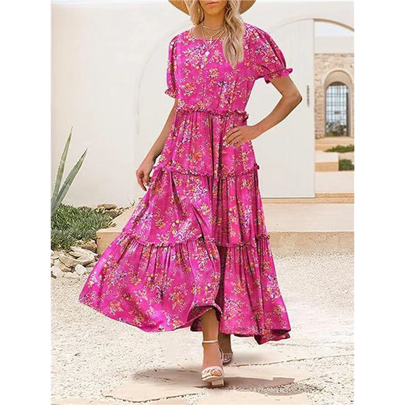 【SEE】Sommer lässige böhmische Blumenkleider für Damen, Puffärmel, langes Maxikleid mit Taschen