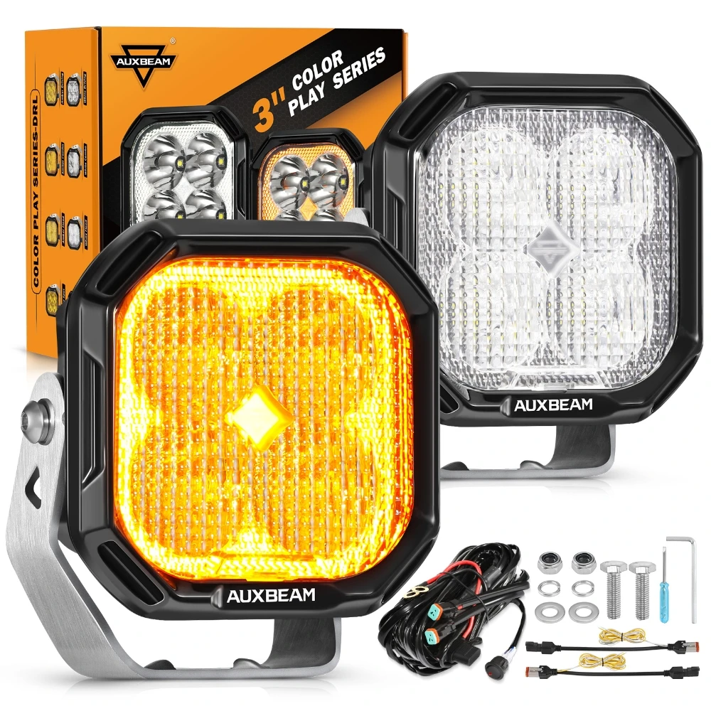 AUXBEAM COLOR PLAY SERIES 3 ДЮЙМА 100 Вт СВЕТОДИОДНЫЕ ФОНЫ ДЛЯ ВНЕДОРОЖНЫХ С БЕЛЫМИ ДХО И АМПЕРЫ ПОВОРОТНЫХ СИГНАЛОВ