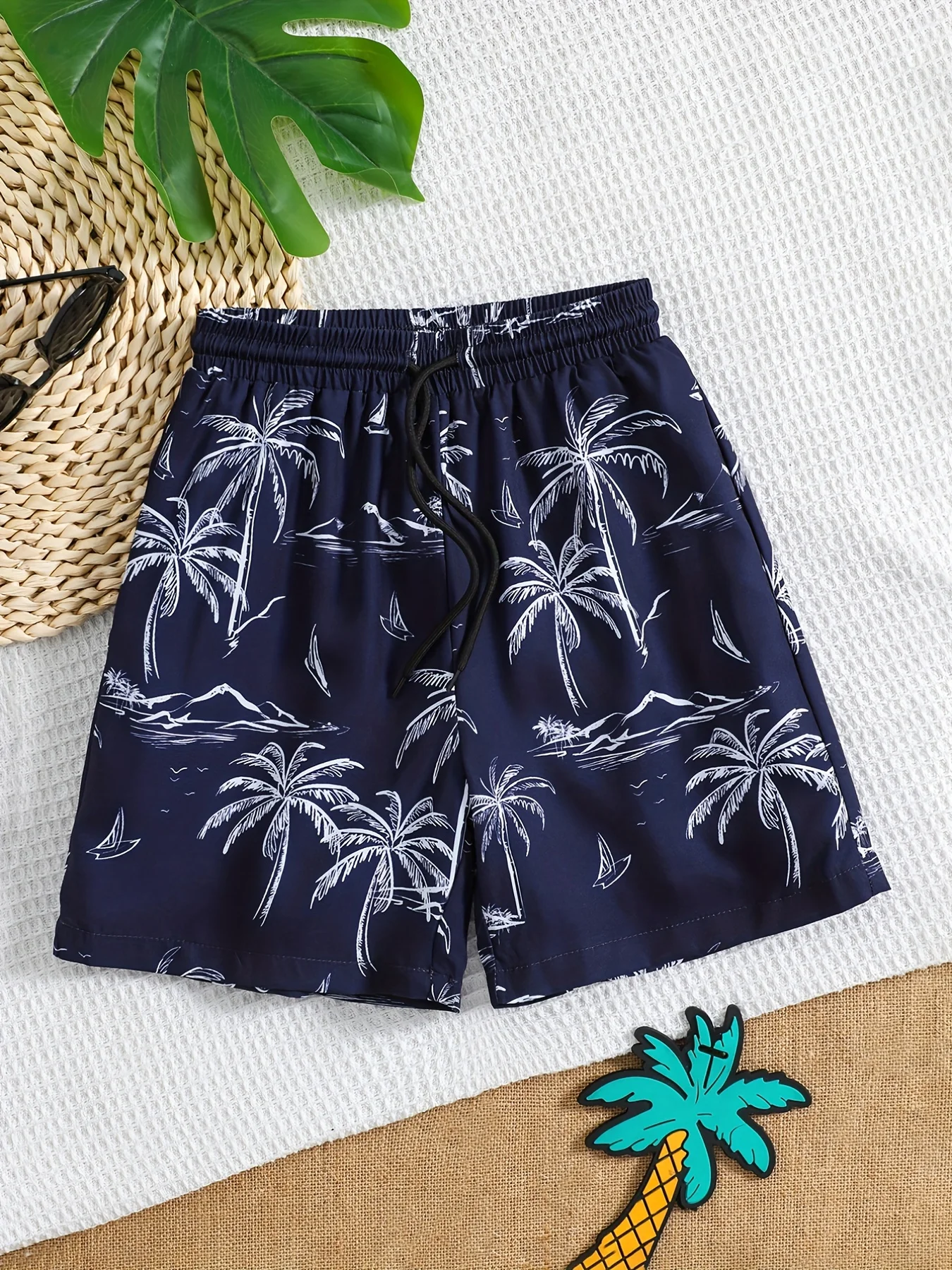 Boys Swim Trunks Coconut Trees 3D Print Elastic Waist Drawstring Beach Pants Swim Shorts For Boy Comfortable Kids Clothes Summer