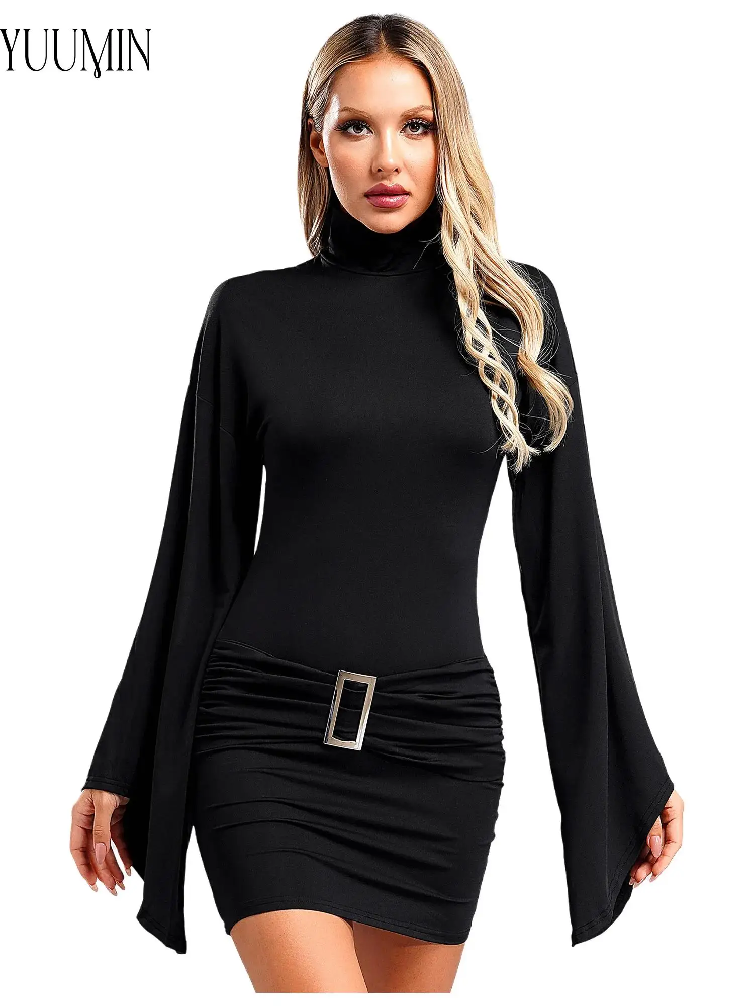 

Black Women Jazz Dance Sexy Dress for Performance Flare Sleeve Bodycon Dress Fashion Solid Color High Neck Ruched Waist Dresses