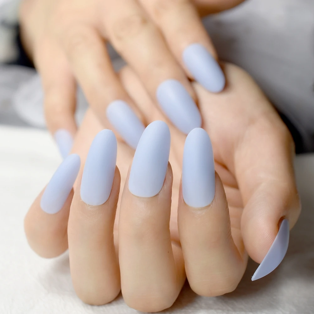 Matte Sky Blue Nail Art Tips Salon Quality Super Long Oval False Nails Fashion Fairy Pre-designed Nails