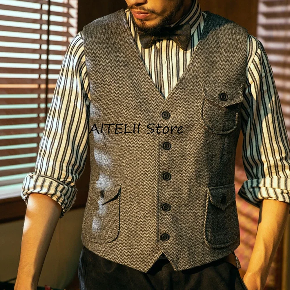 

Casual Men's Classic Vest Vintage Herringbone Fabric Vest Suit Man V-neck Single-breasted Three Pockets Vests Suits Working Male