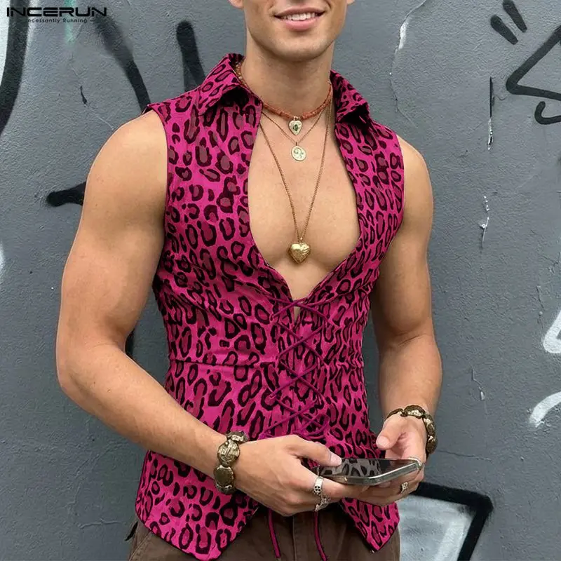 INCERUN Men's Tank Tops Leopard Printing V Neck Sleeveless Lace Up Vests For Man Summer Streetwear Sexy Fashion Tops Men Clothes