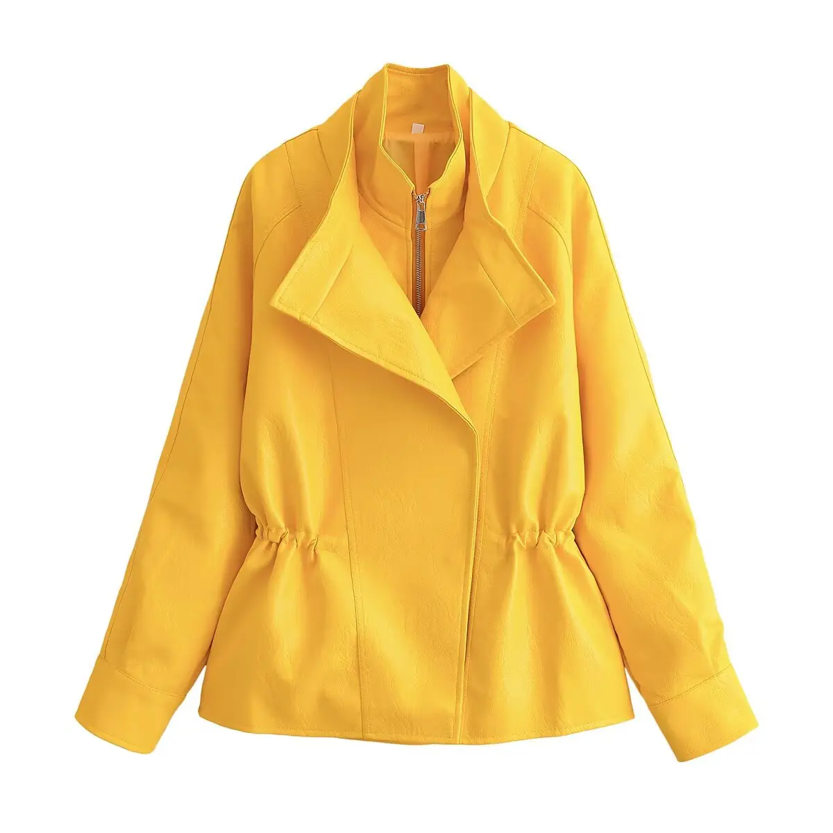 2026 Women's High Street Loose Yellow Faux Leather Jackets Lady Retro PU Double Layered Collar Zipper Drawstring Coats Outerwear