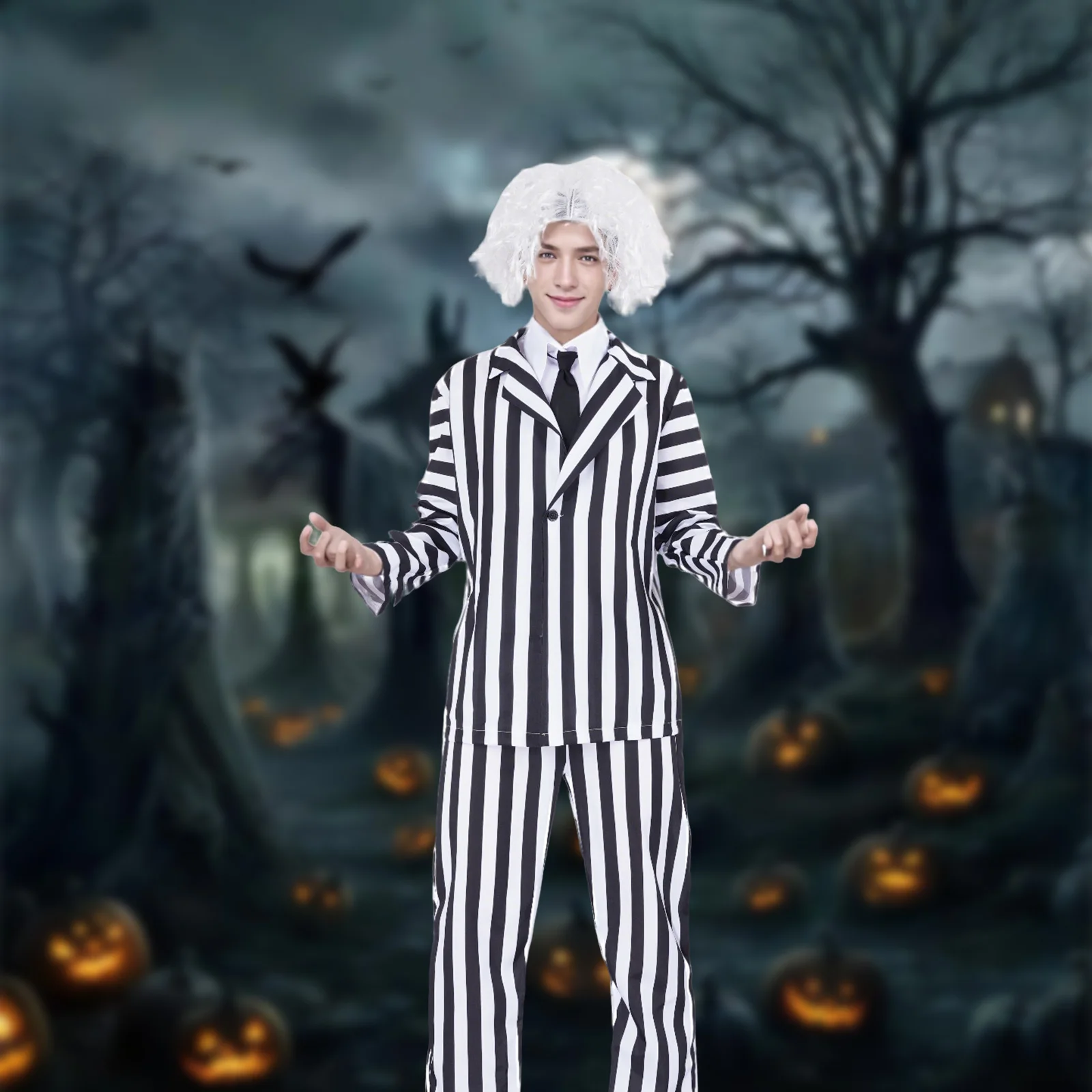 

Adult Black and White Striped Suit Set, Cosplay Party Costume, Halloween Carnival Horror Costume, Stage Performance Costume