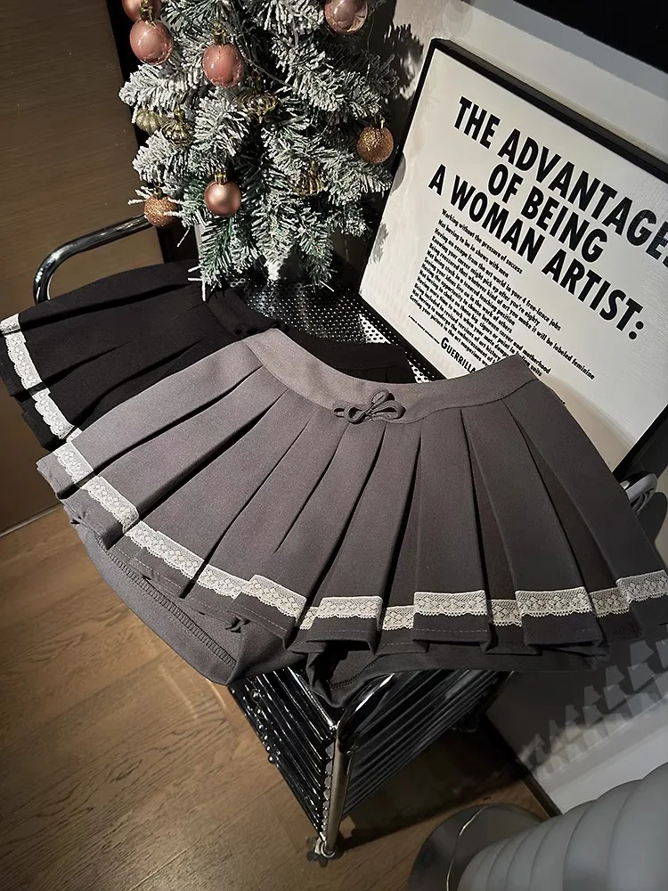 

2024, новая осенне-зимняя высококачественная плиссированная юбка с кружевом, женская утягивающая юбка с высокой талией в стиле ретро в студенческом стиле