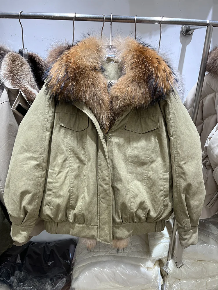 جديد الشتاء الفاخرة الطبيعية ريال الراكون الفراء طوق معاطف أبلى الإناث الدنيم سترة المرأة أوزة أسفل سترة