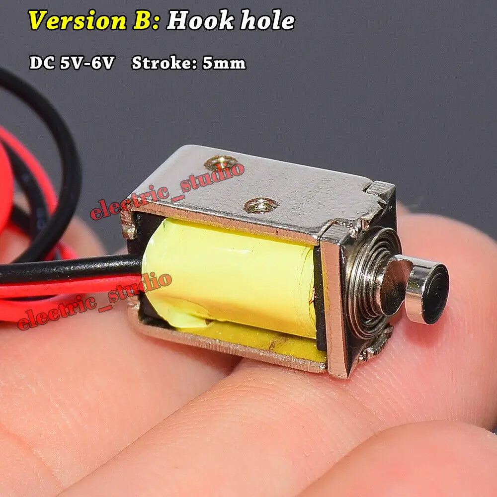 DC 5V~6V Mini DC Solenoid Electromagnet Self-holding Suction Type 7.2ohms Micro Electric Magnet Central Hole/Hook Hole