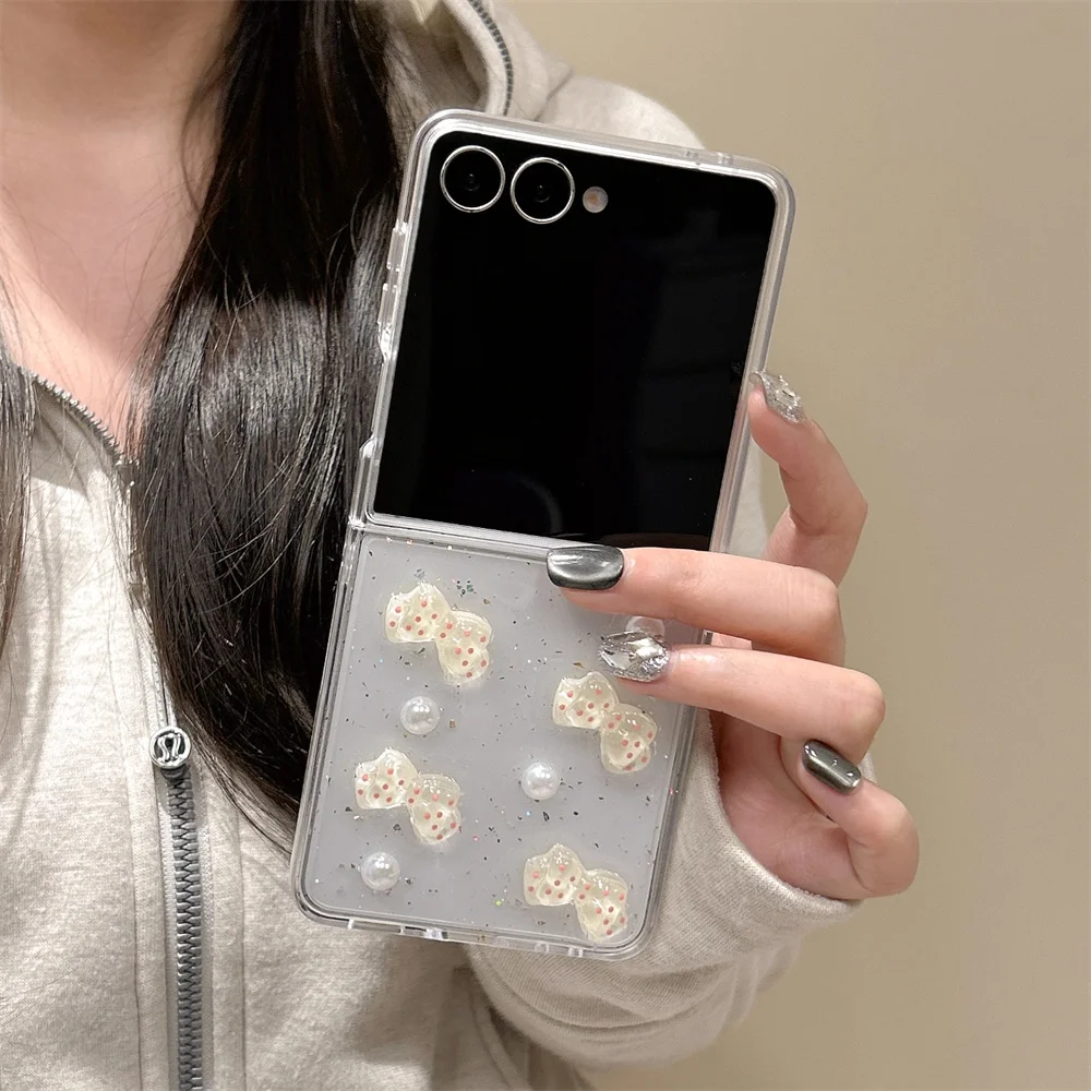 Fresh Lovely Polka Dot Bow Pearl Glitter Phone Case for Samsung Galaxy Z Fold 7 Crystal Bead Wrist Strap Cover for Z Flip 7-3