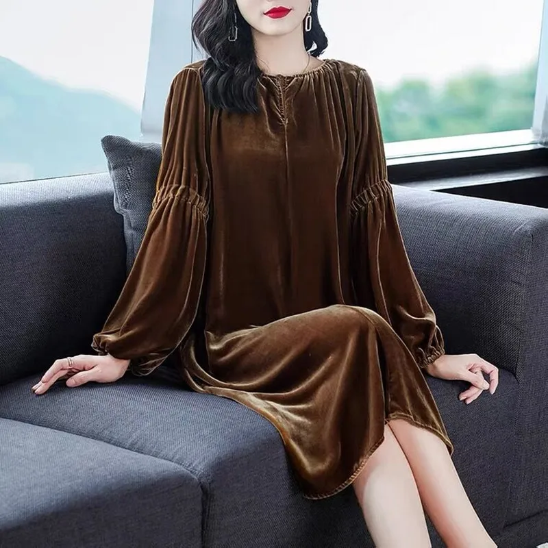 plus size Autunm long sleeve vintage velvet party dress, korean fashion Winter Long Sleeve Elegant Retro Streetwear velour dress