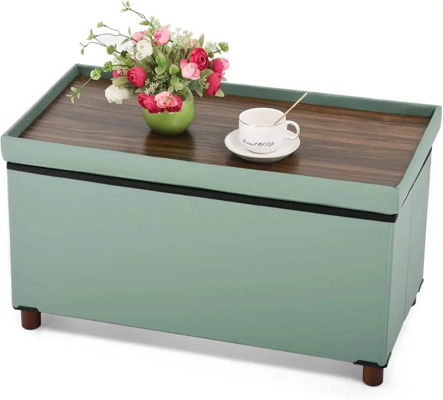 

Faux Leather Ottoman Stool Bed End Living Room Storage Bench Foot Rest Coffee Table Tray 30 Inch Blue
