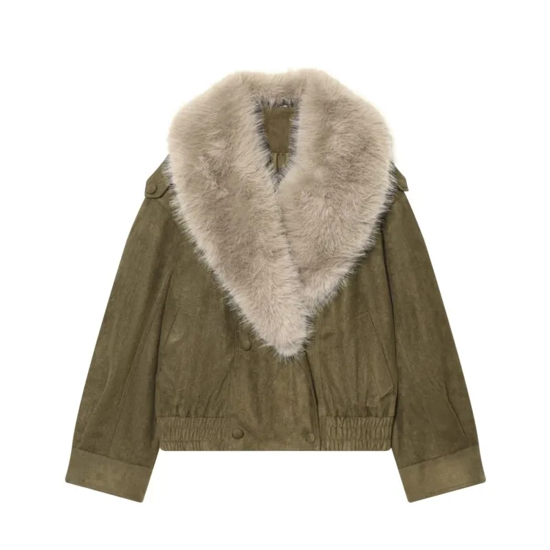 

Women Faux Sheepskin Suede Leather Jacket Fashion Spring Autumn Lapel Collar Long Sleeve Lady Coat Female Outerwear Chic Tops