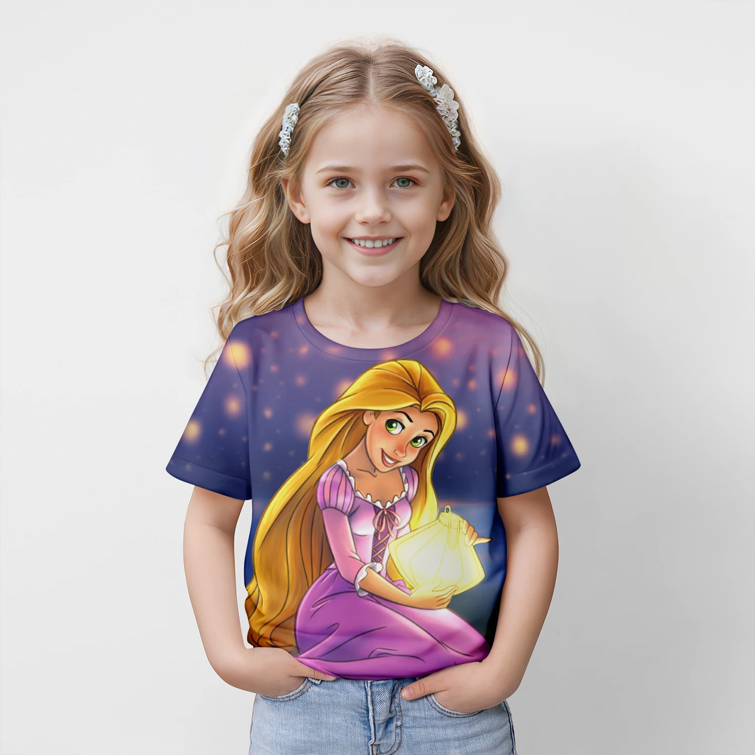 MINISO Disney Princess Rapunzel 2024 Summer 4-14 Years Children Kids Cool Boy Cute Girls Lightweight 3D Print T-Shirt Tops