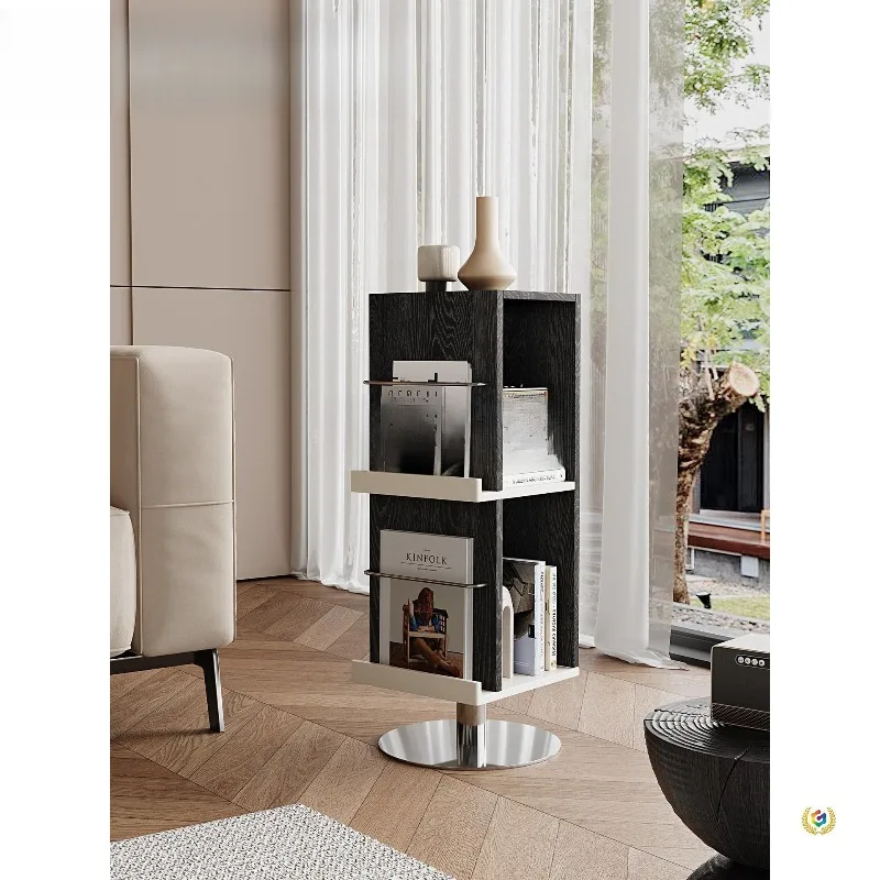 Rotating bookshelf short magazine rack living room sofa side cabinet floor rack retro solid wood black display rack