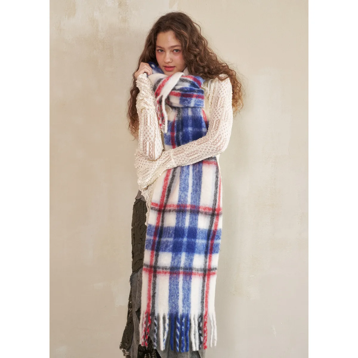 

2025 New Colored Checkered Wool Women's Scarf for Winter Thickening Color Contrasting Grid Pattern for Warmth Waist with Shawl