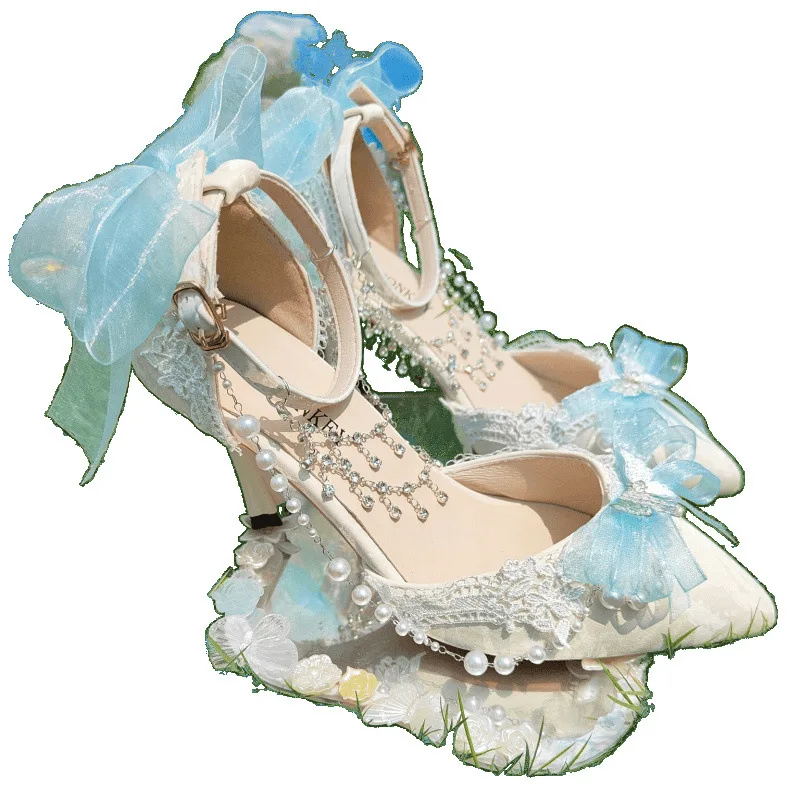 Bow Lolita Lo Shoes Adult Wedding French Pointed High Heels