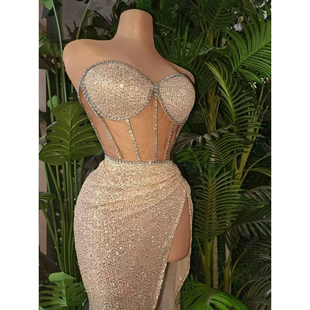 Hollow Design Bright Sheath Rhinestone Party Evening Gowns Sexy Split Long Dresses Semi Transparent Dress Fashion Prom Gowns