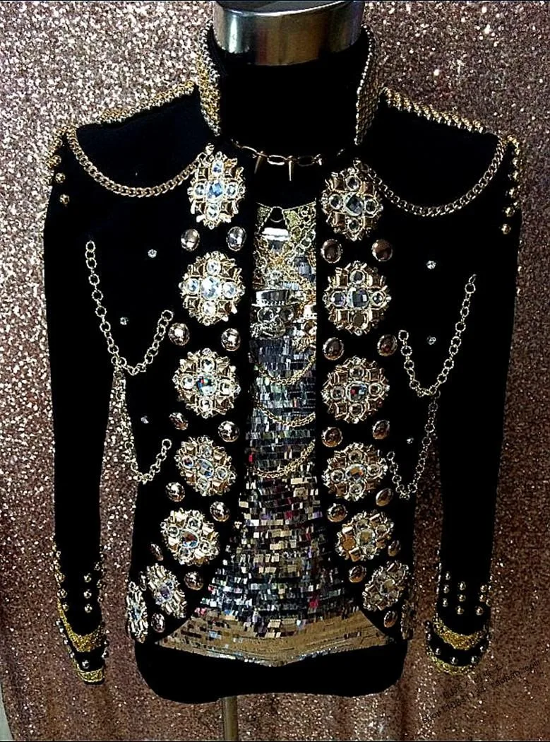 

Sparkly men singer stage show Black Crystal Royal Jacket Costume Dj Stage Performance Coat party outfit