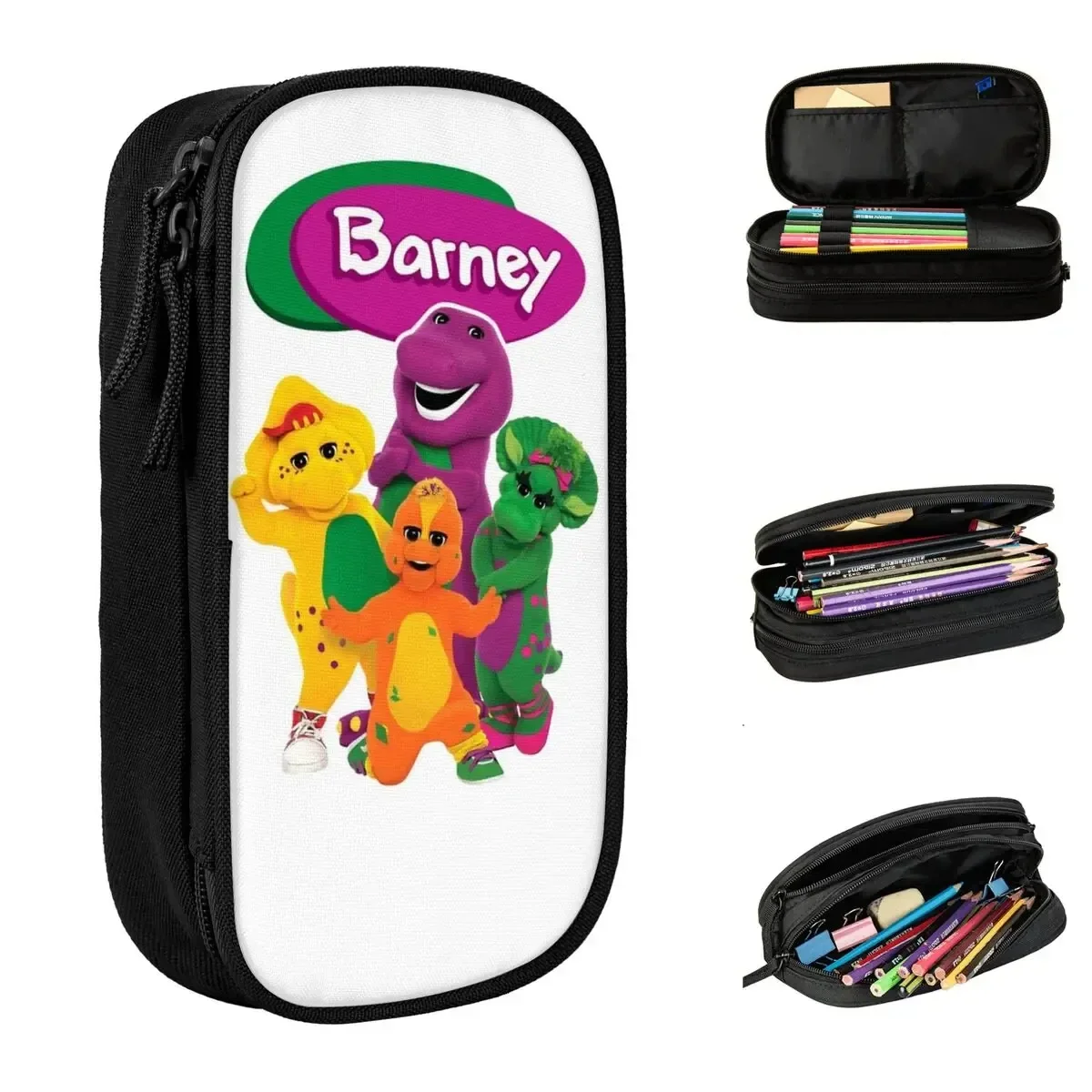 Large Capacity Pen Box Barney Barney And Friends School Supplies Double Layer Pencil Case Stationery Makeup Bag Suprise Gift