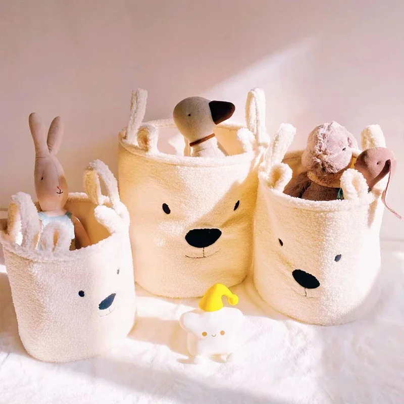 

Cute Embroidered Bear Head Lamb Hair Personalized Storage Basket Toy Snack Storage Basket Clothes Storage Dirty Clothes Basket