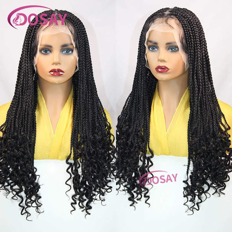 Wig Cornrow sintetis kepang kotak depan renda penuh untuk wanita warna hitam Wig Frontal renda kepang dengan rambut bayi berakhir 24 inci