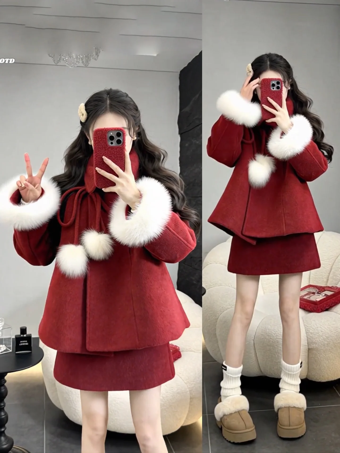 

Winter Fashion plus Size Women's Red Woolen Coat And Skirt Set Casual High Waist Design Warm Polyester Fabric Adult Women