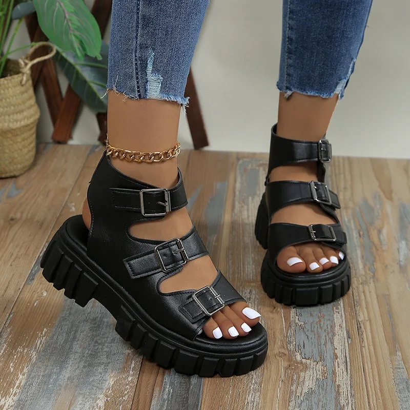 Women Punk Platform Wedge Sandals 2024 Summer PU Leather Thick Sole Sandals Woman Buckle Strap Non Slip Roman Shoes Plus Size 43