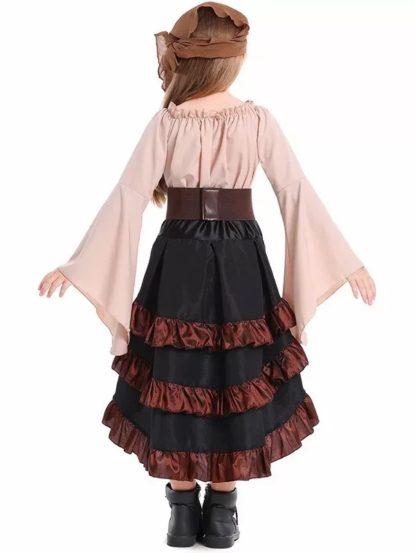 loween Costume da regina pirata medievale Gilet irregolare Gonna lunga Abito cosplay per bambini adulti Fibra di poliestere
