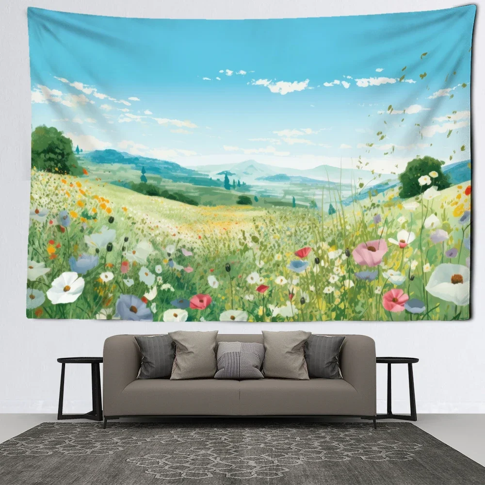 Blue Sky Grassland Flower Blossoms Tapestry Wall Hanging Simple Art Landscape Bohemian Dormitory Bedroom Home Decor