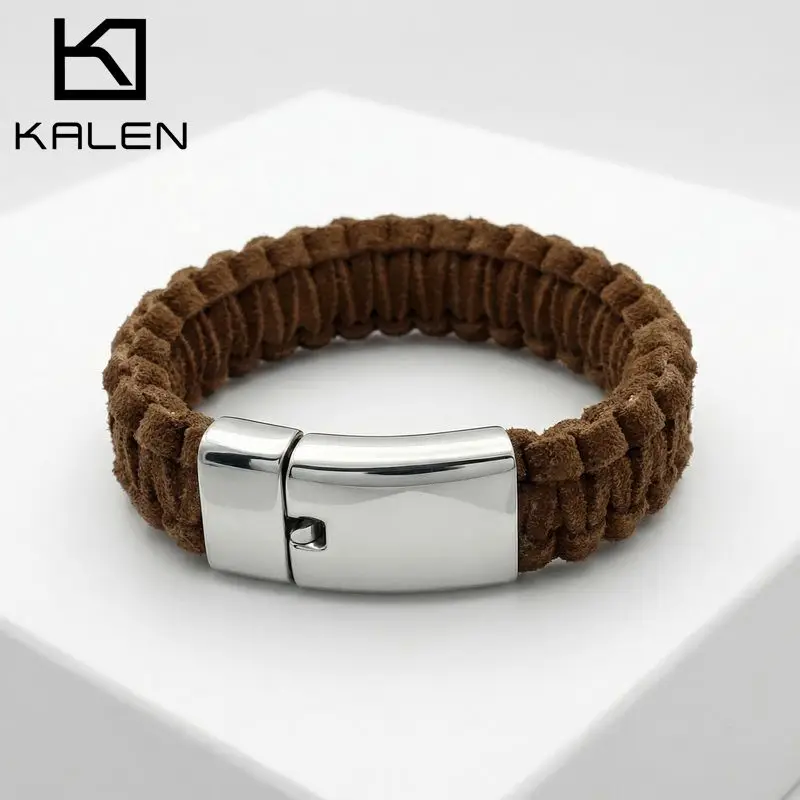 KALEN Braided Leather Cord Bracelet Shiny Stainless Steel Buttons American Casual Knit Sweaters Accessories Fashion Jewelry