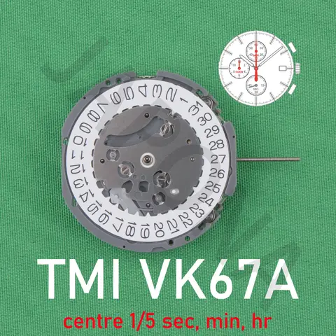 VK67 movement Japanese TMI VK67A-3 movement Chrono (centre 1/5 sec, min, hr) Precise timing quartz movement
