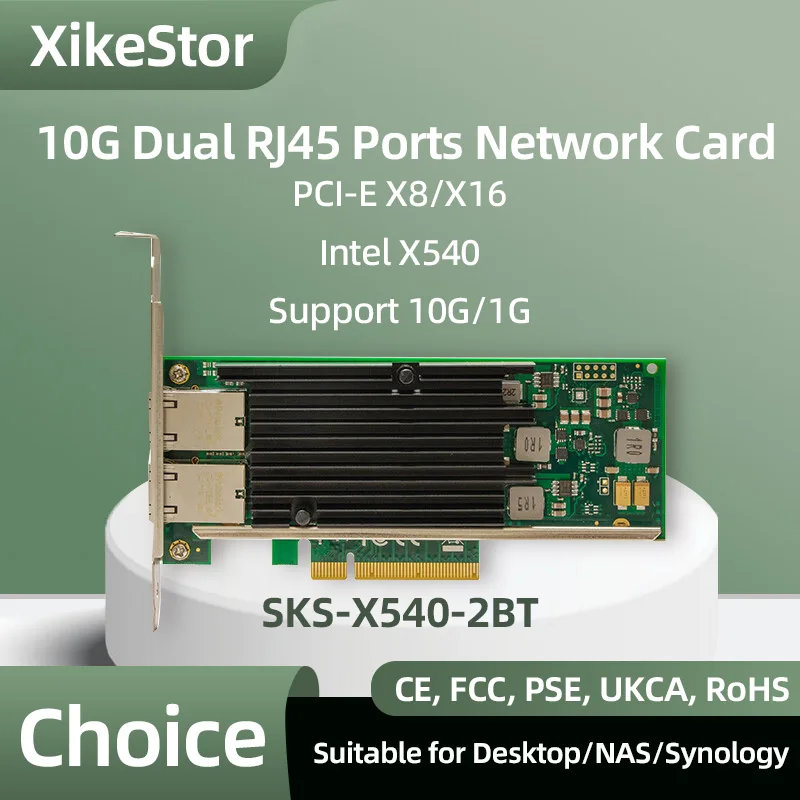 XikeStor 10G Dual RJ45 Ports Network Card with X540 Chip Support 10G/1G PCI-E X8 X16 NIC