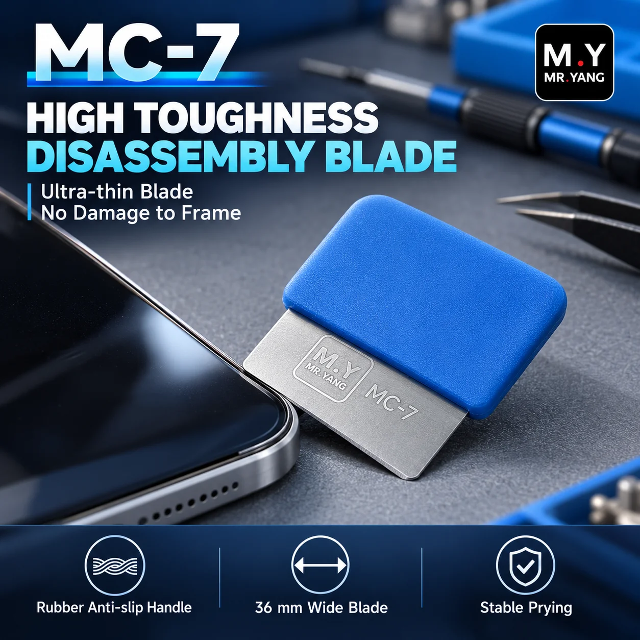 YCS M.Y MC-7 High Toughness Disassembly Blade Ultra Thin Pry Tool for Phone Screen Opening Repair Anti Slip Rubber Handle Wide