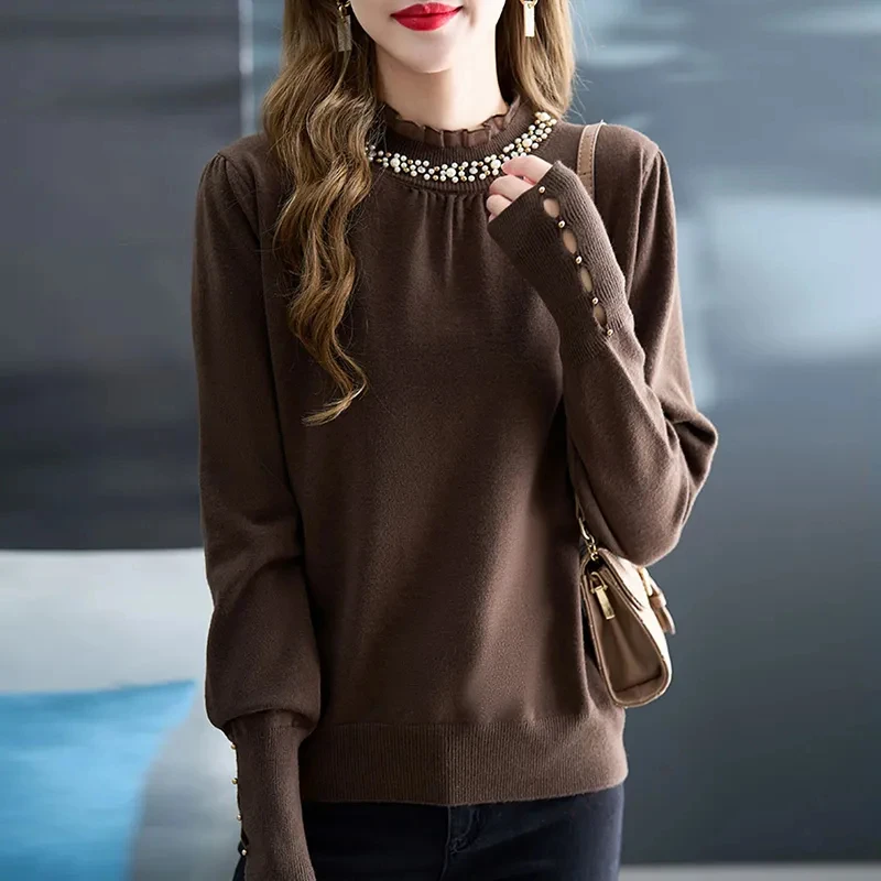 Gestrickter Pullover für Damen mit Rüschenkragen und Perlenverzierung, Neuer Langarm-Strickpullover, Damen-Oberteil Q3174