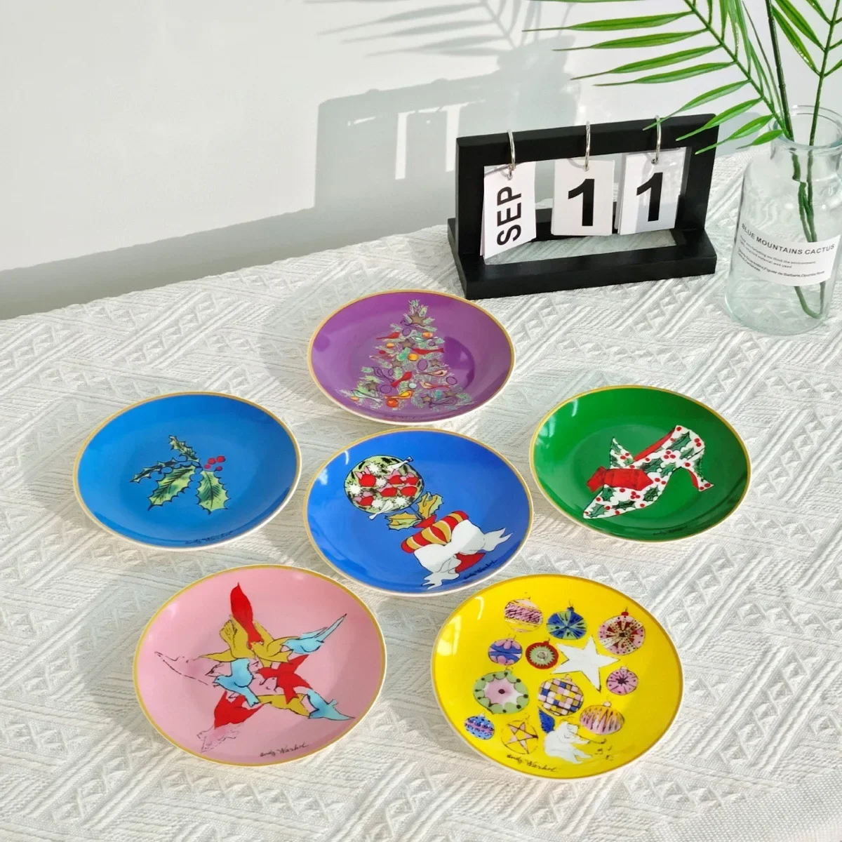 Fun Art Print Porcelain Coaster Plates Gold Rim Colorful Cartoon Ceramic Small Dish Set Gift Box Home Table Decor Trinket Dish