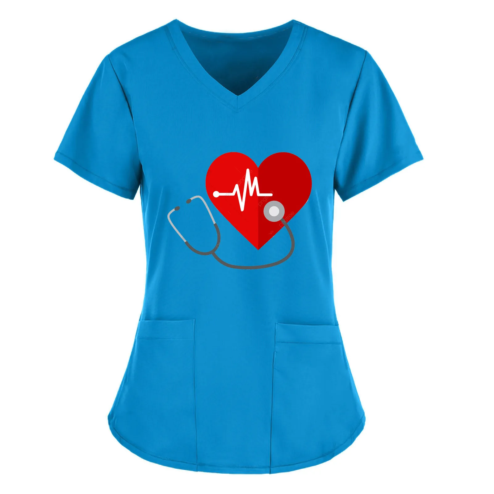 Uniformes médicos con estampado de latido de corazón para mujer, Túnica de manga corta con bolsillos, ropa de trabajo de enfermería para Hospital, uniforme de enfermera