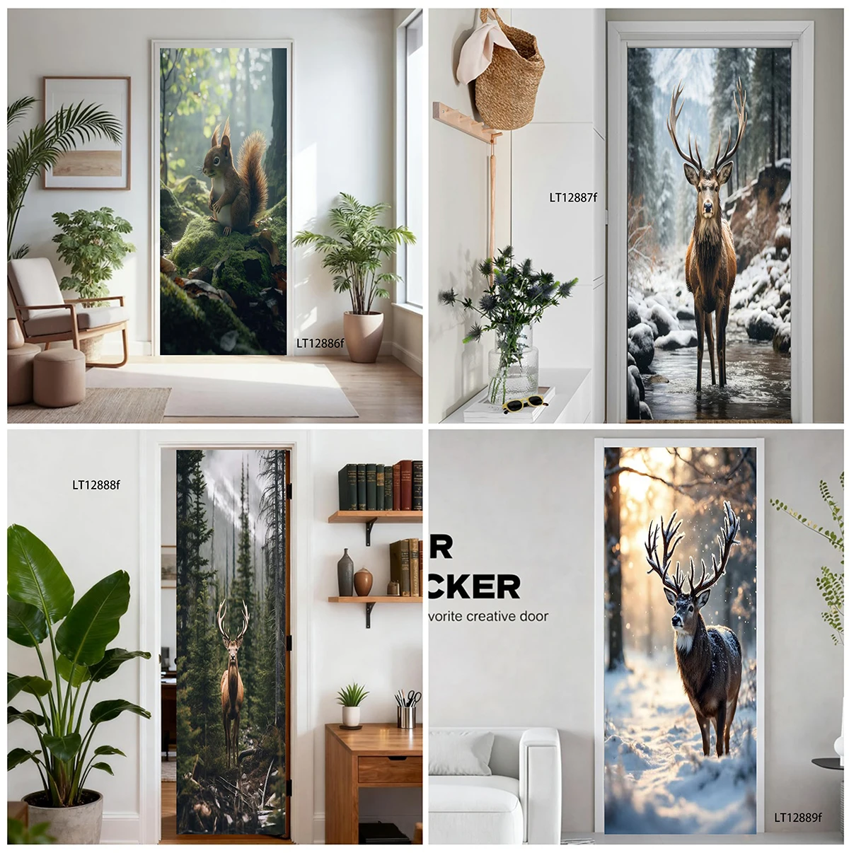 Peel&Stick Vinyl Door Decal Realistic Wild Animal Moose Raccoon Otter Foggy Forest Mural Waterproof