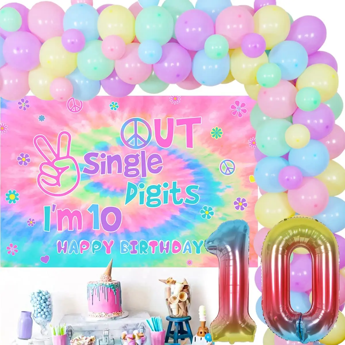 Cheereveal Tie Dye 10th Birthday Party Decorations for Girls Single Digits Backdrop Hippie Theme Macaron Balloon Garland Kit