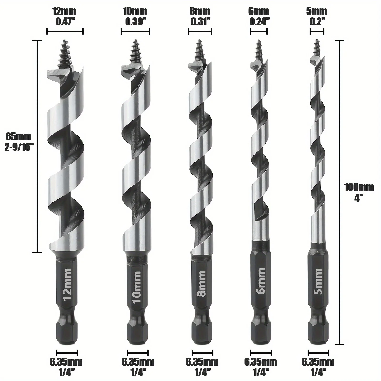 5pcs 100mm Carpenter Auger Bits 5-12mm Hexagonal Handle Twist Drill Hand Spiral Reamer Power Tool Accessories Set